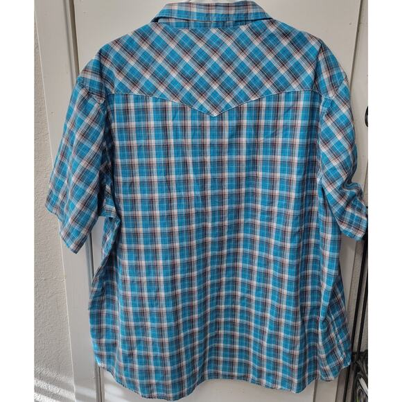 Wrangler Pearl Snap Western Turquoise White Plaid Short Sleeve Men's Shirt 2XL - Picture 2 of 5